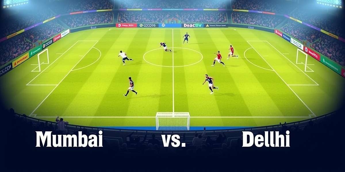 Hindi Football League game screenshot showing an intense match between Mumbai and Delhi teams in a packed stadium