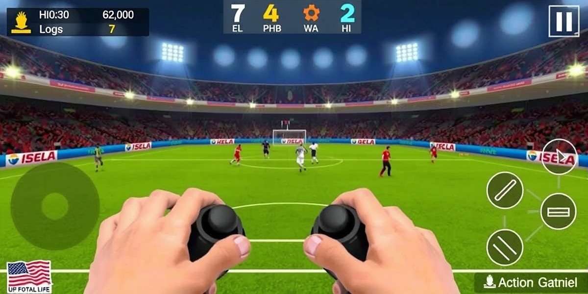 Hindi Football League gameplay showing the control interface with virtual joysticks and action buttons in Hindi